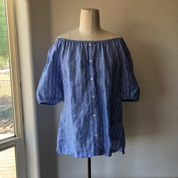 Talbots blue white striped linen peasant top loose fit preppy size XS nautical - Picture 2 of 4
